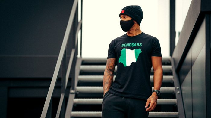 Lewis Hamilton wearing #EndSARS T-shirt