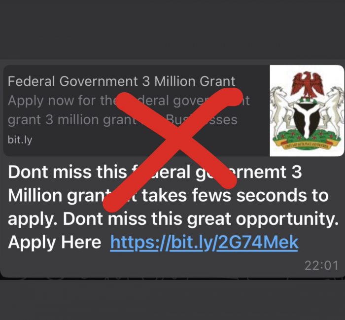 The fraudulent link to FG grant being spread by scammers