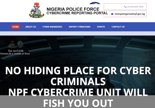 A screenshot of the cybercrime reporting portal of Nigeria Police