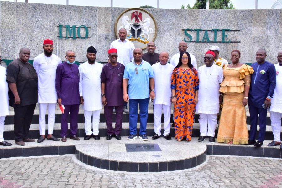 Governor Hope Uzodimma (middle) with the new Speaker of Imo State House of Assembly, Paul Emeziem (6th right),