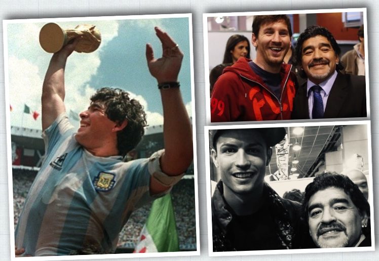 Maradona, with the World Cup in 1986, T-B, with Messi and Ronaldo