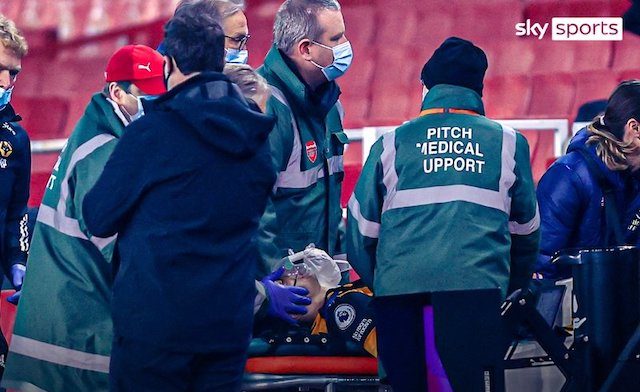 Wolves striker Jimenez being stretchered out on Sunday