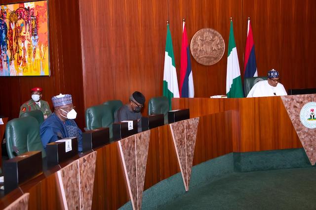 Buhari, VP Osinbajo, Senate President Lawan at the APC NEC meeting