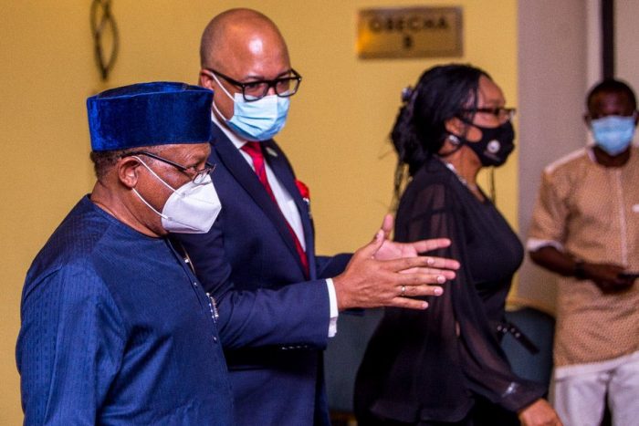 Health Minister Ehanire and DG NCDC wearing face masks as a shield against COVID-19