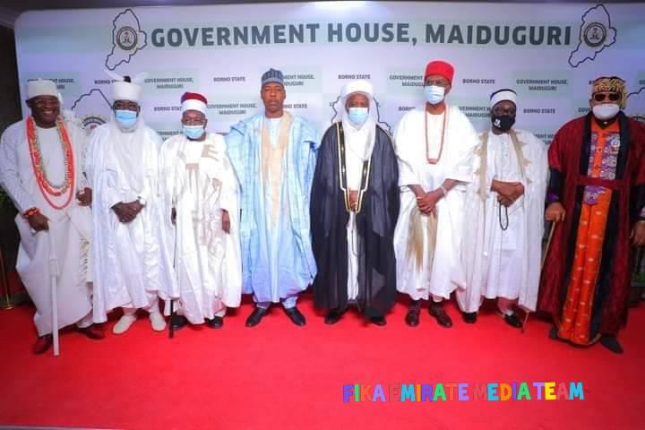 Sultan Abubakar, 4th right and other monarchs with Governor Zulum
