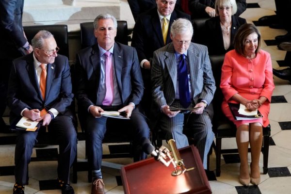 Congressional leadership sits together during a Congressional Gold Medal Award ceremony for Steve Gleason at the U.S. Capitol in Washington