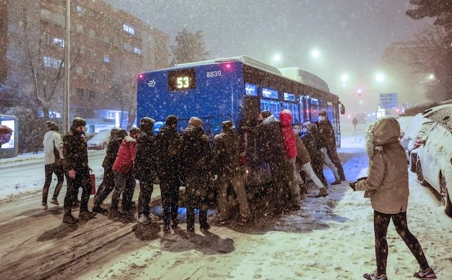 A bus trapped in the Madrid snow