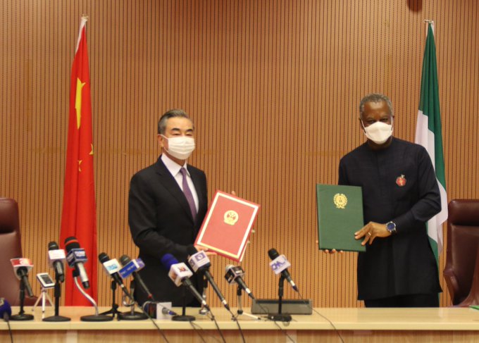 Onyeama, right with Wang Yi, visiting Chinese State Councilor and Foreign Minister