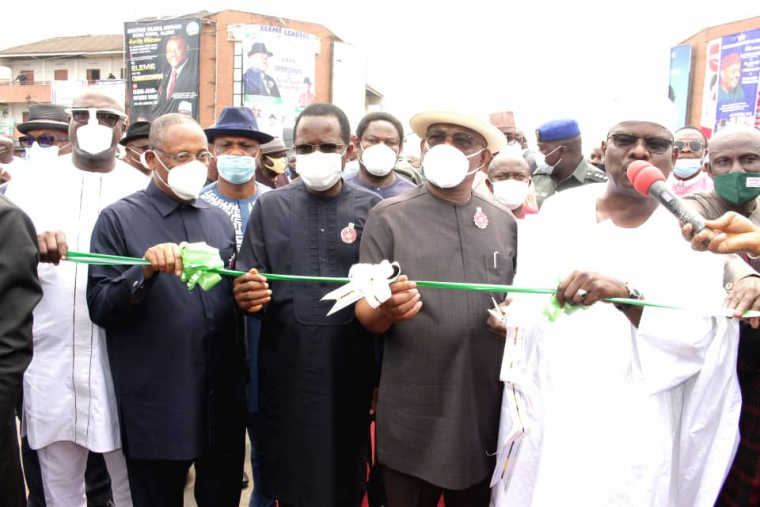 The Sole Administrator, Rivers State Waste Management Agency (RIWAMA), Brother Felix Obuah; former Governor of Rivers State, Celestine Omehia; Speaker  Rivers State House of Assembly,  Rt. Hon. Ikuinyi Owaji-Ibani;  Governor of Rivers State, Nyesom Ezenwo Wike and Senator Mohammed Ali Ndume during the inauguration of 11.53 kilometers Eleme-Afam Road on Wednesday 6th January, 2021.