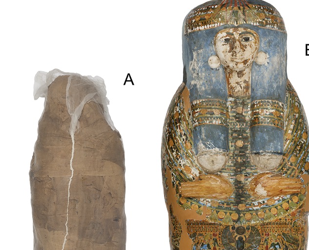 Mud wrapped Egyptian mummy on the left