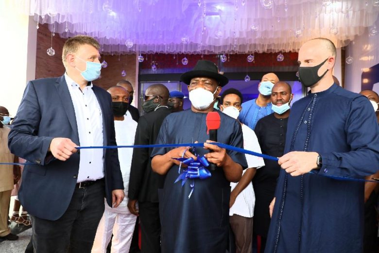 Governor of Rivers State, Nyesom Ezenwo Wike (middle); Regional Manager of Julius Berger Nigeria PLC, Juergen Fischer (left) and General Manager Abuja Furniture Production (AFP), Oliver Cohneh (right) at the opening of AFP office in Port Harcourt on Thursday