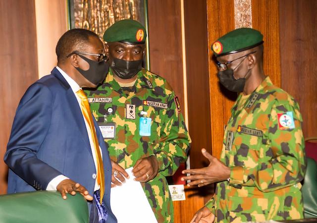 Monguno, with Chief of army staff, Attahiru and chief of defence staff Irabor at the meeting 