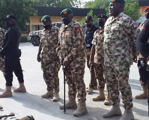 Chief of Army Staff (COAS), Lt. Gen. Ibrahim Attahiru (second from right) with other military chiefs in Maiduguri 