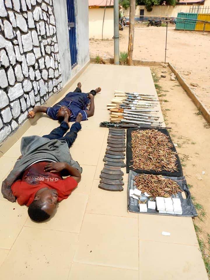 Two suspected bandits killed by police in Saminaka town, Lere Local Government Area of Kaduna State and the recovered ammunition and AK-47 rifles