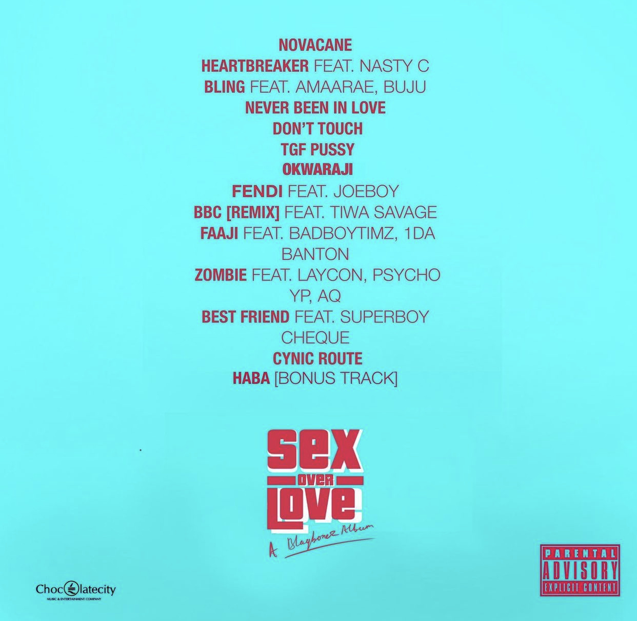 Tracklist of Sex Over Love’ by Blaqbonez