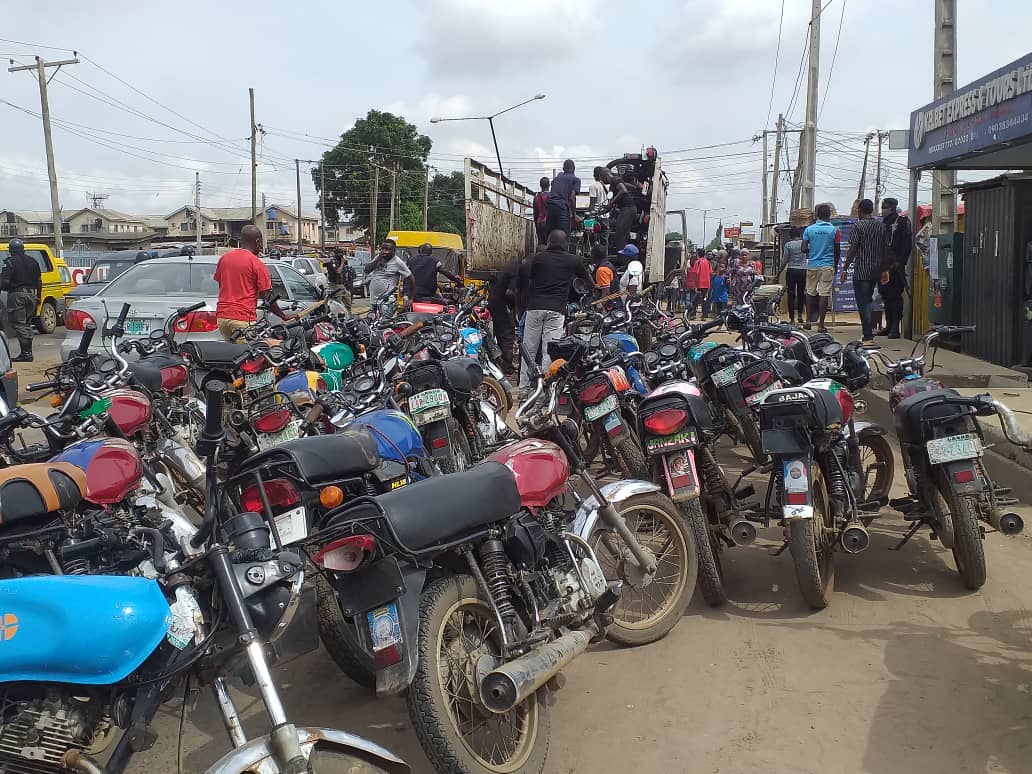 Some of the motorcycles impounded by Lagos State Environmental and Special Offences Unit (Taskforce)