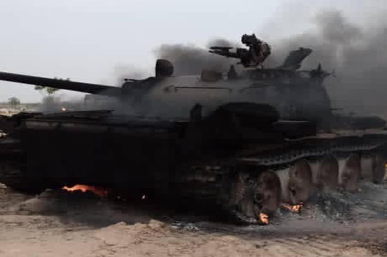 An armoured tank destroyed by ISWAP on Sunday