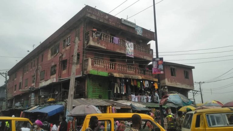 The distressed three-storey building at No. 2 Brown Street, off Bolade Bus-Stop in Oshodi area of Lagos.