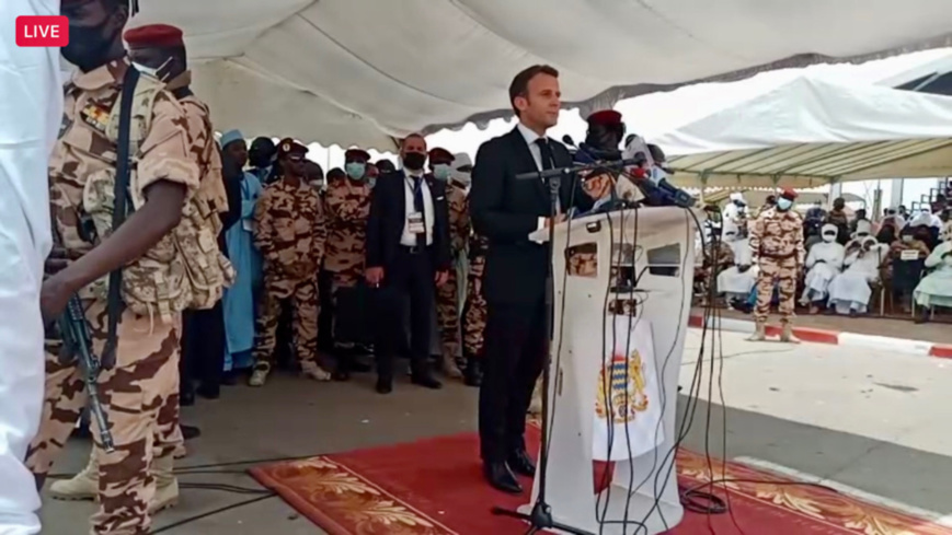 President Emmanuel Macron speaks at the funeral for Idriss Deby Itno