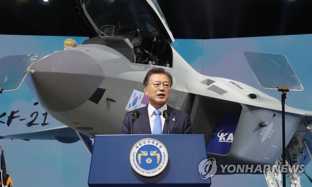 South Korea President Moon Jae-in at the launch of the fighter jet on Friday