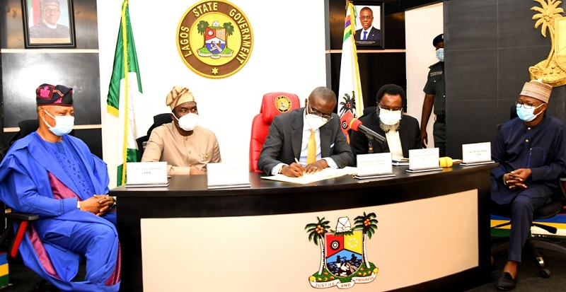 L-R: Chairman, House Committee on Judiciary, Human Rights, Public Petitions & LASIEC, Hon. Victor Akande; Lagos State Deputy Governor, Dr. Obafemi Hamzat; Governor Babajide Sanwo-Olu; Attorney General/Commissioner for Justice, Mr. Moyo Onigbanjo, SAN and Chairman, House Committee on Finance, Hon. Rotimi Olowo, during the signing of Lagos State Lotteries & Gaming Authority and the Public Complaints & Anti-Corruption Commission bills into Law, at the Conference Room, Lagos House, Ikeja, on Monday, April 19, 2021.