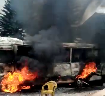 A bus in Uzodinma's house on fire