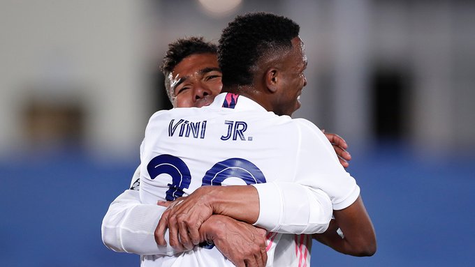 Vinicius Jr. with Casemiro after scoring for Real Madrid