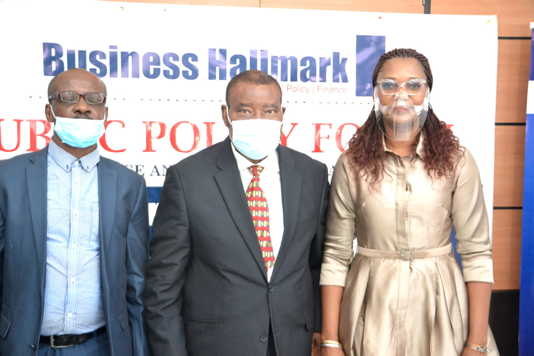 Editor, Business Hallmark, Mr. Okey Onyenweaku; Chairman, Public Policy Forum, Business Hallmark, Sir Marc Wabara and Executive Director, Dr. Betty Obasi, during a Press conference announcing Town hall meeting on Nigeria’s Infrastructure Revolution: Roadmap to a new future, held in Lagos