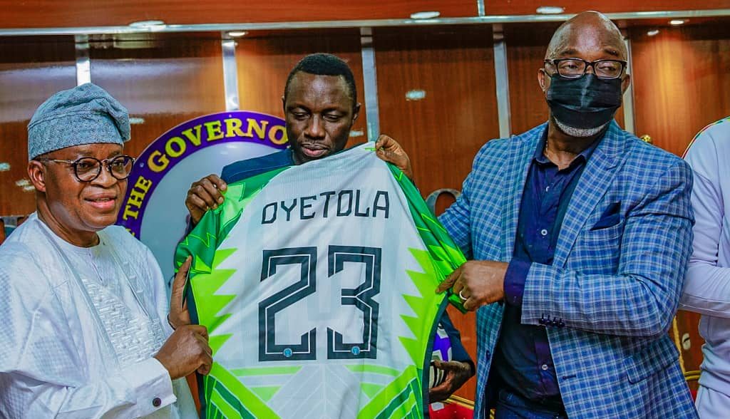Governor Adegboyega Oyetola and NFF President, Amaju Pinnick