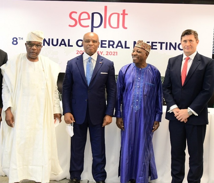 L-R: Shareholder/ Member Statutory Audit Committee, Sir Sunny Nwosu; Chairman, Seplat, Dr. ABC Orjiako; Shareholder/ Member Statutory Audit Committee, Dr. Faruk Umar; and Chief Executive Officer, Seplat, Roger Brown, at Seplat’s hybrid 8th Annual General Meeting held at the company’s headquarters in Lagos … on Thursday.