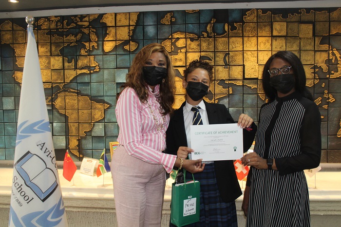 (L-R) Mrs Adeolu Adesanya, principal, Avi-Cenna School, Ikeja; Sarah Chebli, Second Place Winner of the BCG IWD Essay writing competition and Mrs Diuto Ugonna, also of Avi-Cenna School during the presentation of prizes recently in Lagos.