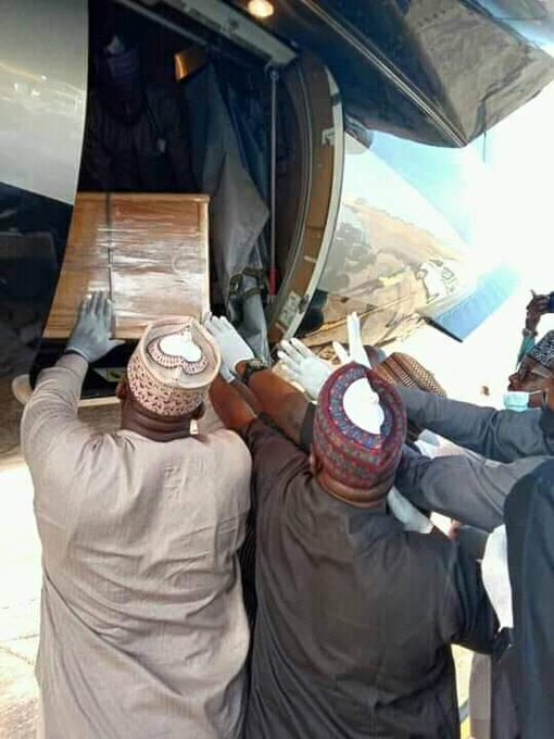 Mama Taraba’s casket being removed from the plane in Jalingo