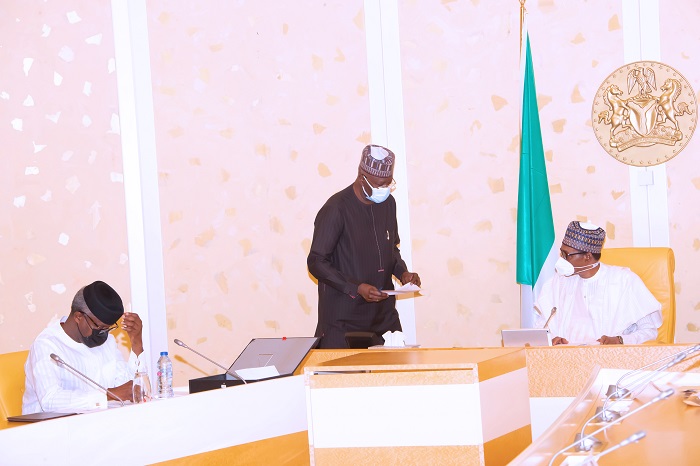 R-L; President Muhammadu Buhari,  SGF Mr. Boss Mustapha and Vice President Yemi Osinbajo SAN during a virtual FEC Meeting held at the State House Abuja. PHOTO; SUNDAY AGHAEZE. MAY 5TH 2021