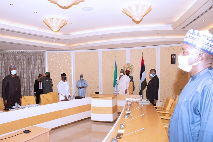 President Muhammadu Buhari, Vice President Yemi Osinbajo SAN, SGF Mr. Boss Mustapha, Attorney General of the Federation and Minister of Justice,  Abubakar Malami SAN and Minister of Power Engr Saleh Mamman during a virtual FEC Meeting held at the State House Abuja. PHOTO; SUNDAY AGHAEZE. MAY 5TH 2021