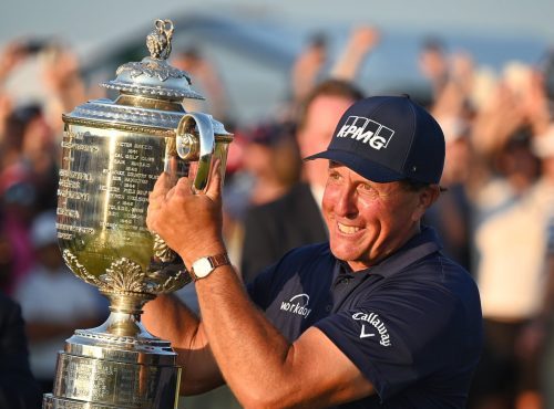 Phil Mickelson with the PGA Tour championship trophy