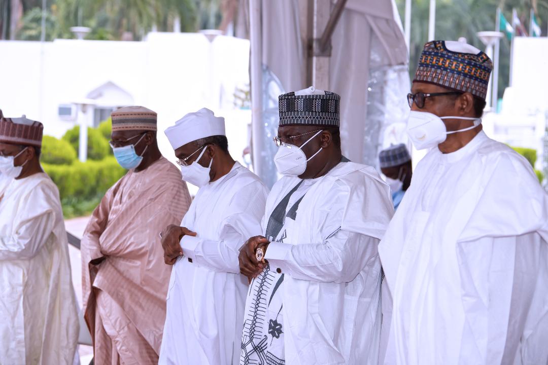 R-L Buhari, Lawan, Gbajabiamila at the Eid prayer in Aso Rock