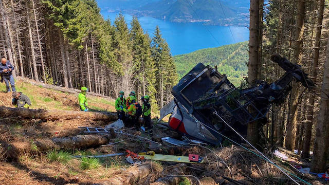 Rescue workers at the site of the cable car crash in Italy. Photo Italian police