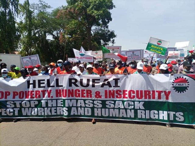Workers in protest march in Kaduna on Monday