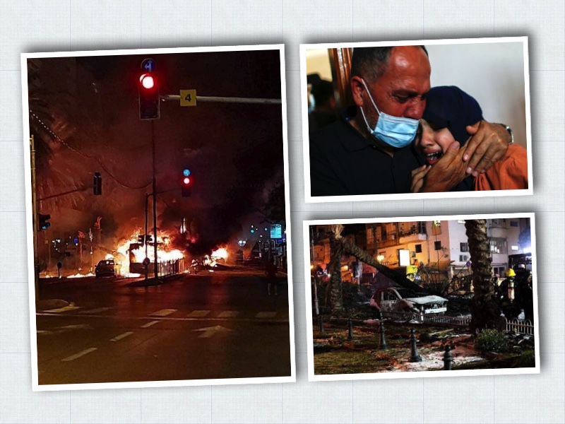 combo photos show, Hamas rocket attack on a bus in Tel Aviv, a medic consoles a woman and below a bombed Gaza area