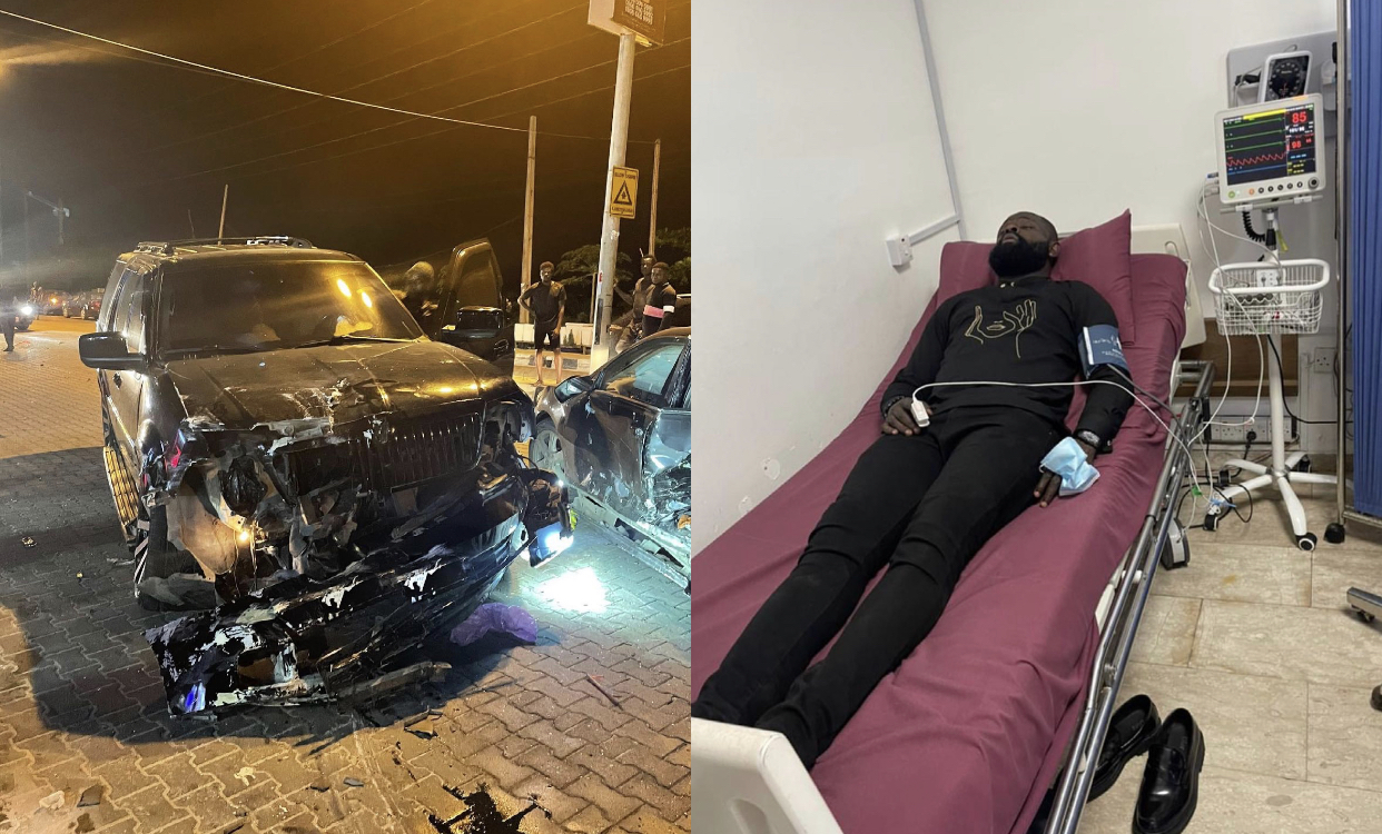 Yomi Casual's damaged SUV and him on hospital bed