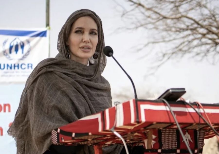 Angelina Jolie speaks at the Goudebou malian refugee camp in Burkina Faso