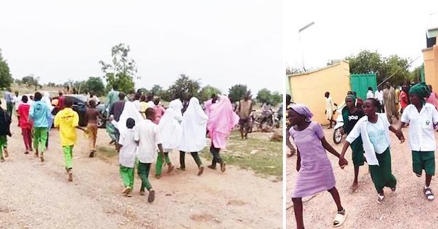 Combo picture show the students  of Federal Government College Birni-Yaurileaving the school after the bandits attack on Thursday