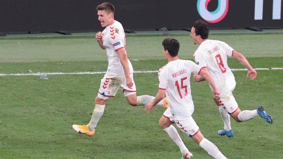 Denmark’s Joakim Maehle celebrates Denmark’s 4th goal against Russia