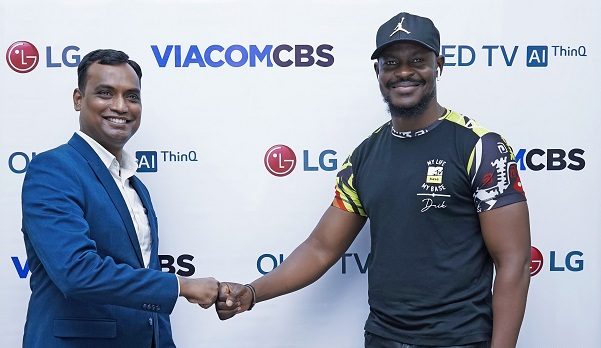 Head Corporate Marketing LG Electronics West Africa Operations, Hari Elluru; and Country Manager, ViacomCBS Networks Africa, Bada Akintunde-Johnson; at the official announcement of LG OLED and ViacomCBS Networks Africa advertising and sponsorship deal in Lagos. 