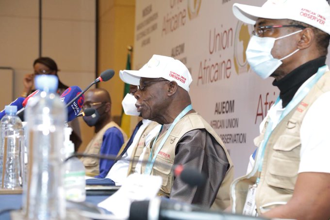 Obasanjo at AU Observer Mission press conference in Addis Ababa