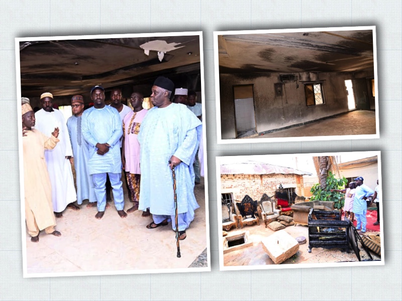 Photo left, shows Emir of Fika, right, with sympathisers after the fire incident in his palace