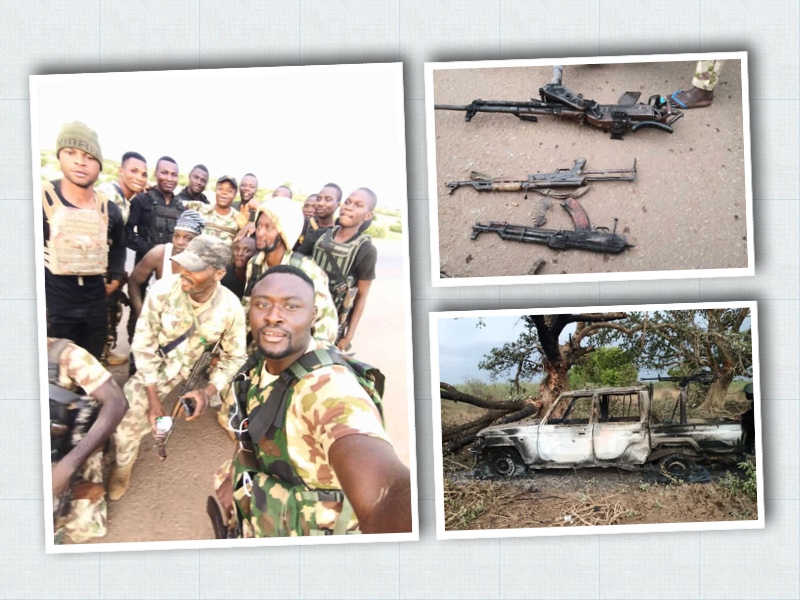 The triumphant Nigerian troops after destroying Boko Haram terrorists and some weapons seized