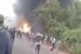 the exploded petrol tanker burning on Idiroko Road Ogun state