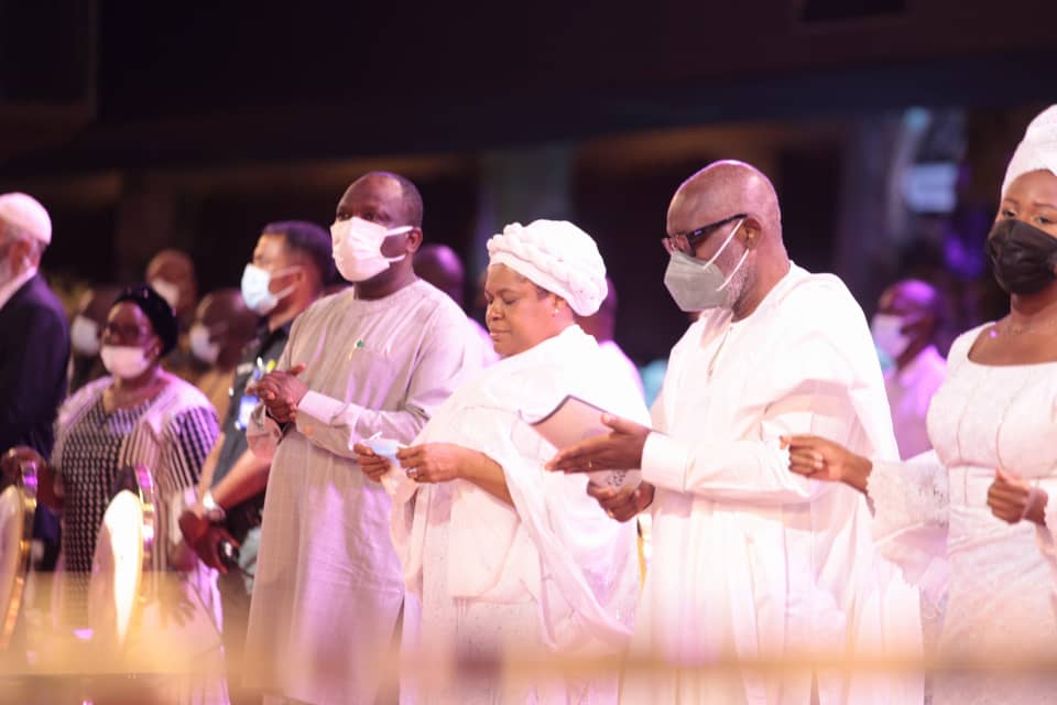 From right: Ondo State Governor, Mr Rotimi Akeredolu, Evelyn Joshua, the wife of late TB Joshua and Hon. Anafi Elegushi, Commissioner for Home Affairs, Lagos State at the Laying-to-rest service in honour of TB Joshua at the church. Photo by Ayodele Efunla