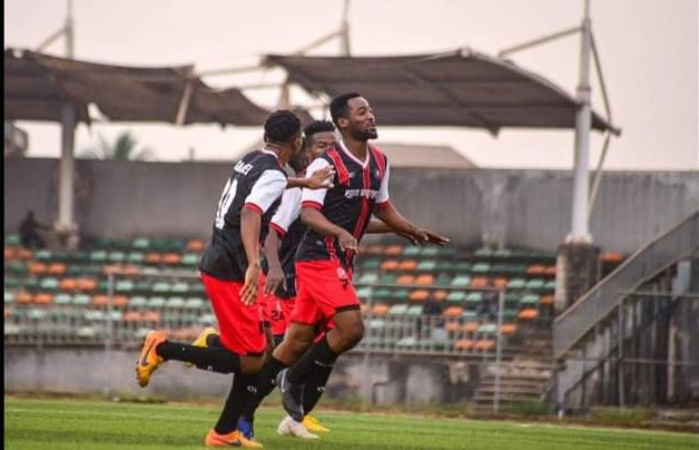 Abia Warriors players celebrate after a goal